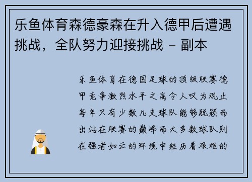 乐鱼体育森德豪森在升入德甲后遭遇挑战，全队努力迎接挑战 - 副本